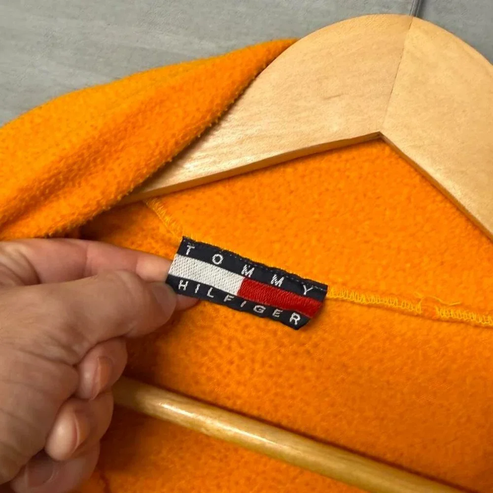Vintage Tommy Hilfiger y2k Orange 1/4 Zip Fleece Pullover Sweater XL‎